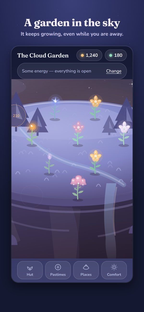 Lumina's Cloud Garden: a floating island of glowing flowers under a night sky.